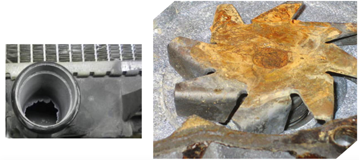 cooling system corrosion of aluminium left and iron right
