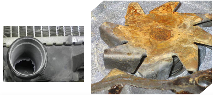 Sistema de refrigeración, corrosión del aluminio izquierda y el hierro derecha